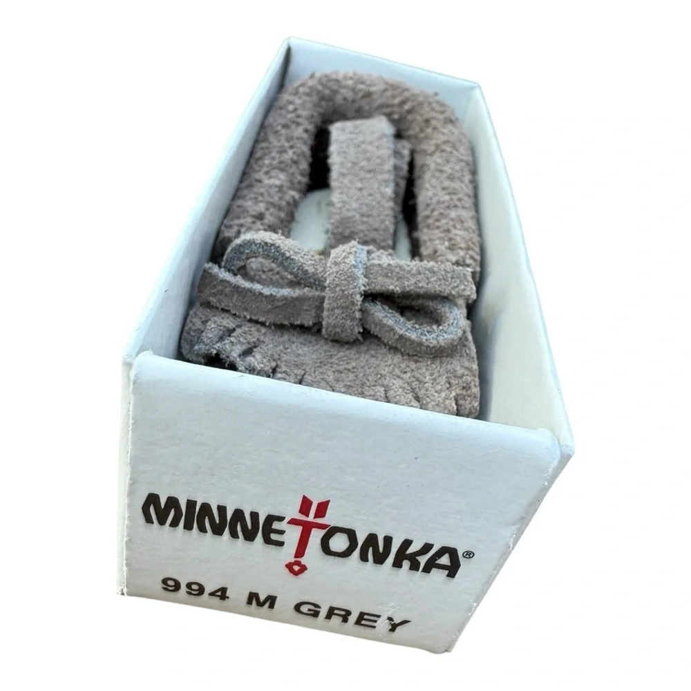 Minnetonka Suede Moccasin Keychain Key Ring Dark Grey Fringed Mini Shoe NIB